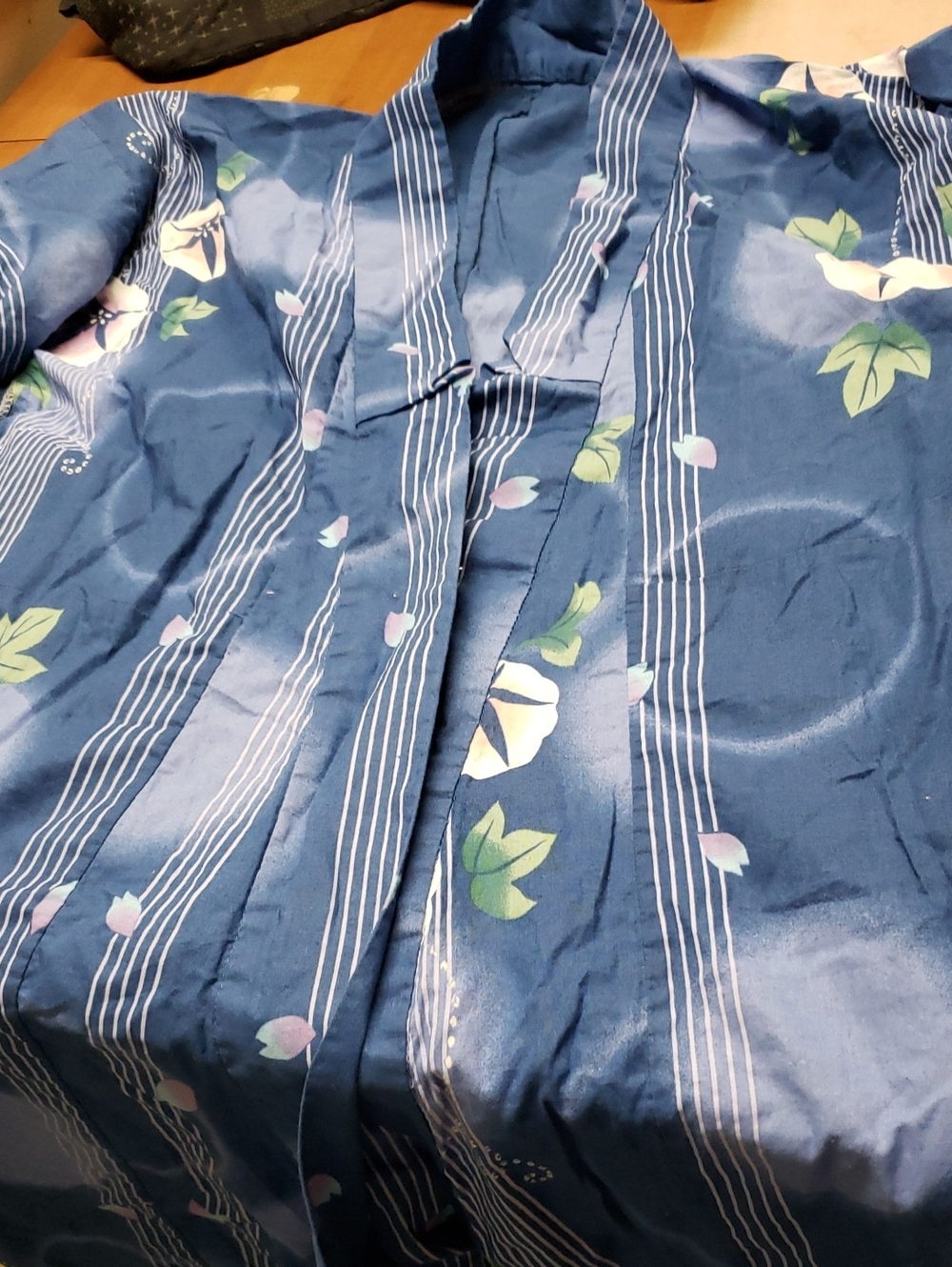 Blue Floral Satin Kimono Robe
